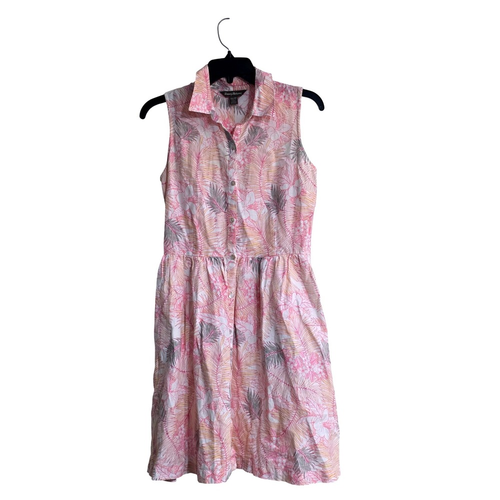 Tommy Bahama Womens XS Pink Tropical Floral 100% Linen Sleeveless Shirt Dress